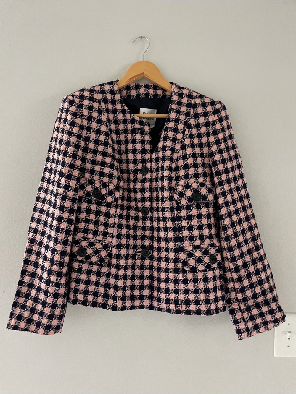 Bianca Nygar Pink and Black Tweed Collarless Blazer